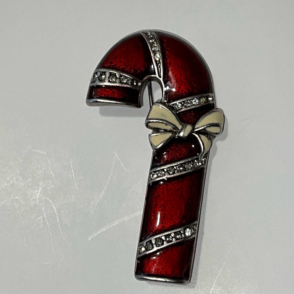 Vintage Christmas Candy Cane Enamel Red White Silver Tone Crystal Brooch Pin